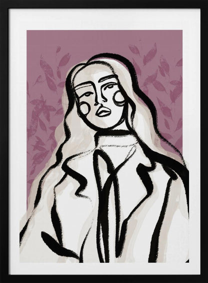 An abstract fashion illustration of a woman with long, wavy, light-colored hair, outlined in bold black brushstrokes. She wears a coat over a high-necked shirt, set against a dusty purple background with a faint leaf pattern. Wall Art