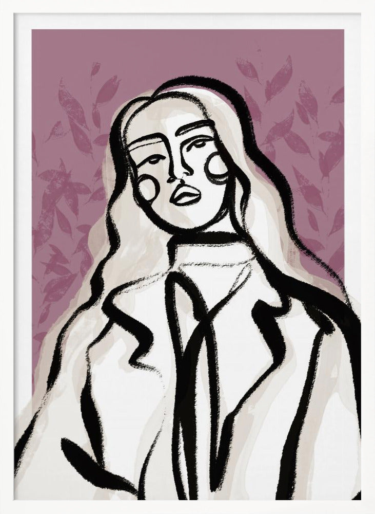 An abstract fashion illustration of a woman with long, wavy, light-colored hair, outlined in bold black brushstrokes. She wears a coat over a high-necked shirt, set against a dusty purple background with a faint leaf pattern. Wall Art