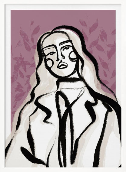An abstract fashion illustration of a woman with long, wavy, light-colored hair, outlined in bold black brushstrokes. She wears a coat over a high-necked shirt, set against a dusty purple background with a faint leaf pattern. Wall Art
