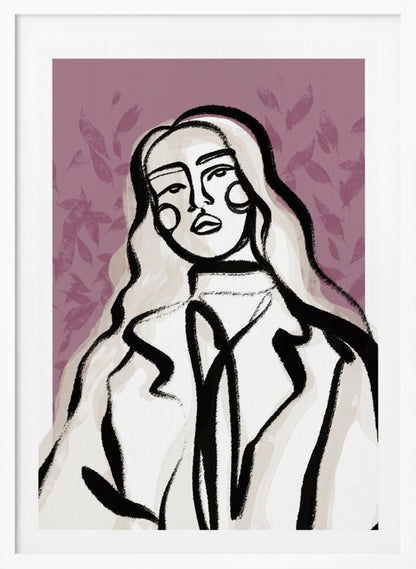 An abstract fashion illustration of a woman with long, wavy, light-colored hair, outlined in bold black brushstrokes. She wears a coat over a high-necked shirt, set against a dusty purple background with a faint leaf pattern. Wall Art