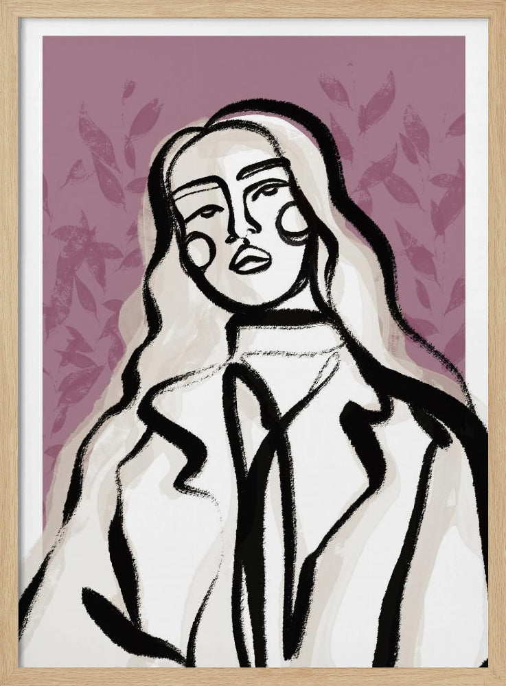 An abstract fashion illustration of a woman with long, wavy, light-colored hair, outlined in bold black brushstrokes. She wears a coat over a high-necked shirt, set against a dusty purple background with a faint leaf pattern. Wall Art