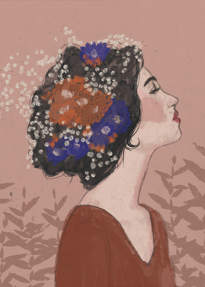 An illustrative portrait of a woman in profile with her head tilted back and eyes closed. Her dark, curly hair is adorned with vibrant orange, blue, and small white flowers. She is wearing a rust-colored top against a dusty pink background with a faint leaf pattern. Print