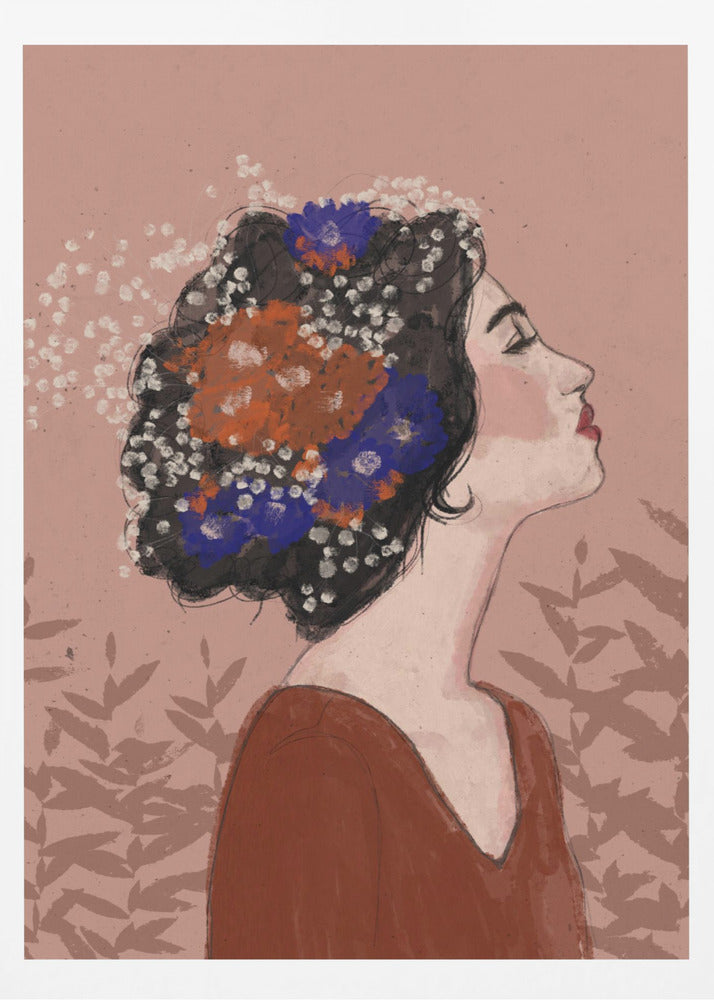 An illustrative portrait of a woman in profile with her head tilted back and eyes closed. Her dark, curly hair is adorned with vibrant orange, blue, and small white flowers. She is wearing a rust-colored top against a dusty pink background with a faint leaf pattern. Print