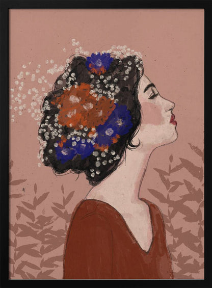 An illustrative portrait of a woman in profile with her head tilted back and eyes closed. Her dark, curly hair is adorned with vibrant orange, blue, and small white flowers. She is wearing a rust-colored top against a dusty pink background with a faint leaf pattern. Print