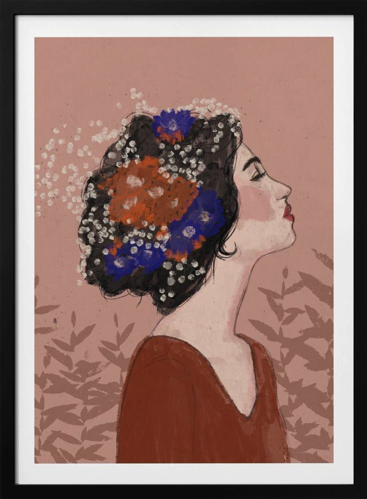 An illustrative portrait of a woman in profile with her head tilted back and eyes closed. Her dark, curly hair is adorned with vibrant orange, blue, and small white flowers. She is wearing a rust-colored top against a dusty pink background with a faint leaf pattern. Print