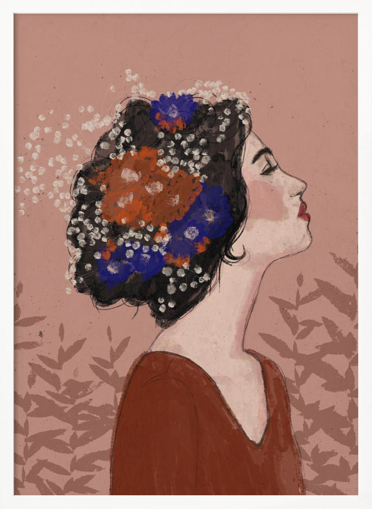 An illustrative portrait of a woman in profile with her head tilted back and eyes closed. Her dark, curly hair is adorned with vibrant orange, blue, and small white flowers. She is wearing a rust-colored top against a dusty pink background with a faint leaf pattern. Print