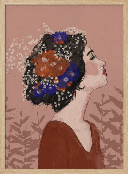 An illustrative portrait of a woman in profile with her head tilted back and eyes closed. Her dark, curly hair is adorned with vibrant orange, blue, and small white flowers. She is wearing a rust-colored top against a dusty pink background with a faint leaf pattern. Print