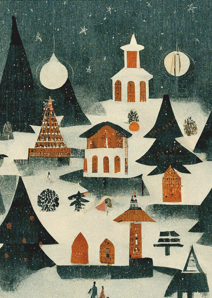 A vintage-style folk art illustration of a cozy Christmas village at night. The scene is covered in snow under a dark, starry sky, with stylized pine trees and quaint orange and white buildings, including a church. It is snowing lightly, and decorative orbs hang in the sky like moons. Artwork