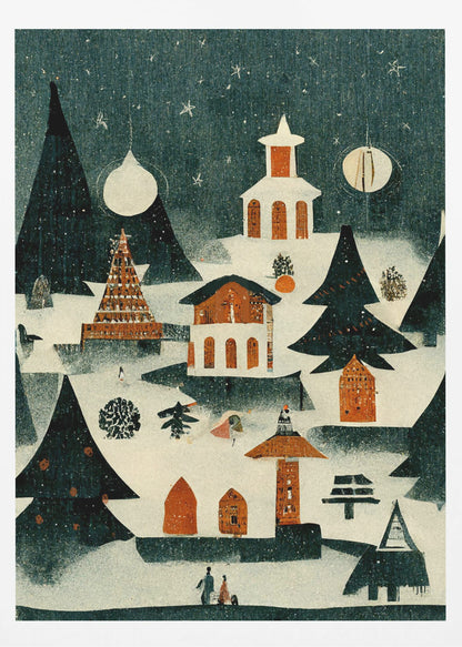 A vintage-style folk art illustration of a cozy Christmas village at night. The scene is covered in snow under a dark, starry sky, with stylized pine trees and quaint orange and white buildings, including a church. It is snowing lightly, and decorative orbs hang in the sky like moons. Artwork