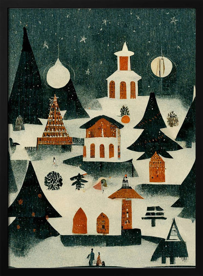 A vintage-style folk art illustration of a cozy Christmas village at night. The scene is covered in snow under a dark, starry sky, with stylized pine trees and quaint orange and white buildings, including a church. It is snowing lightly, and decorative orbs hang in the sky like moons. Artwork