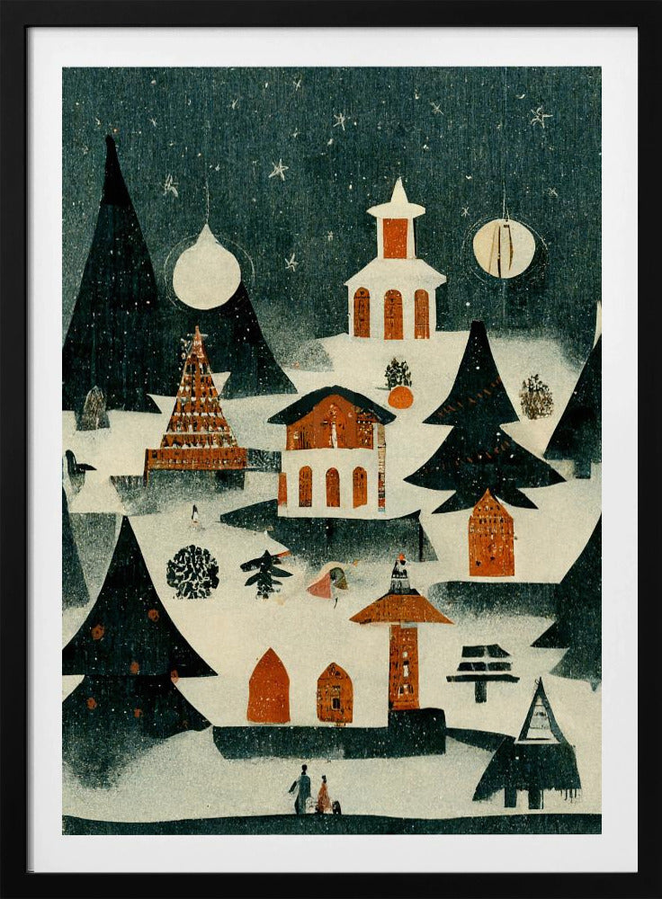 A vintage-style folk art illustration of a cozy Christmas village at night. The scene is covered in snow under a dark, starry sky, with stylized pine trees and quaint orange and white buildings, including a church. It is snowing lightly, and decorative orbs hang in the sky like moons. Artwork