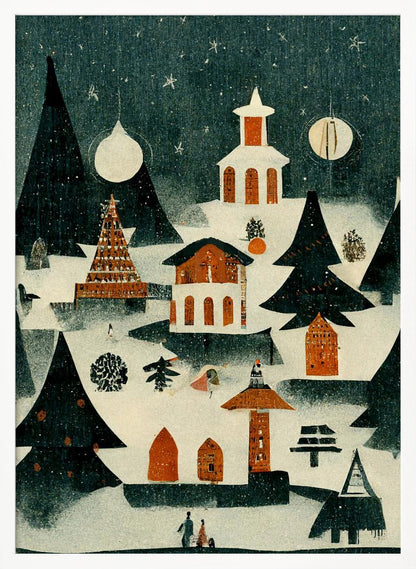 A vintage-style folk art illustration of a cozy Christmas village at night. The scene is covered in snow under a dark, starry sky, with stylized pine trees and quaint orange and white buildings, including a church. It is snowing lightly, and decorative orbs hang in the sky like moons. Artwork