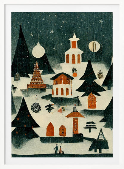 A vintage-style folk art illustration of a cozy Christmas village at night. The scene is covered in snow under a dark, starry sky, with stylized pine trees and quaint orange and white buildings, including a church. It is snowing lightly, and decorative orbs hang in the sky like moons. Artwork