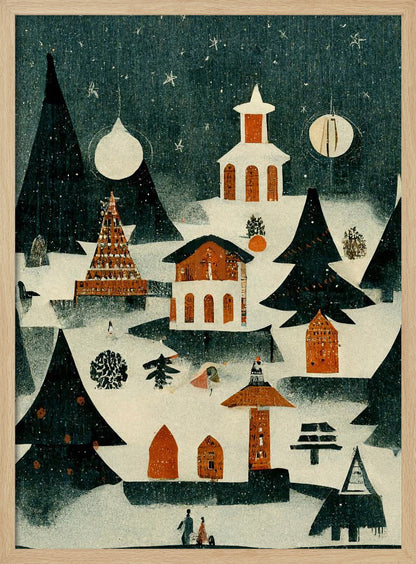 A vintage-style folk art illustration of a cozy Christmas village at night. The scene is covered in snow under a dark, starry sky, with stylized pine trees and quaint orange and white buildings, including a church. It is snowing lightly, and decorative orbs hang in the sky like moons. Artwork