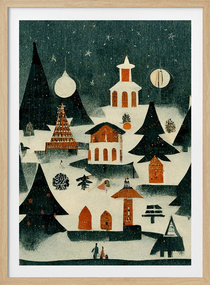 A vintage-style folk art illustration of a cozy Christmas village at night. The scene is covered in snow under a dark, starry sky, with stylized pine trees and quaint orange and white buildings, including a church. It is snowing lightly, and decorative orbs hang in the sky like moons. Artwork
