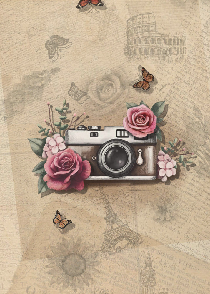 A vintage-style collage art piece in a black frame. The central focus is a retro camera adorned with pink and magenta roses and green leaves. The background is a sepia-toned collage of old newspaper or book pages, with faint illustrations of European landmarks like the Colosseum and the Eiffel Tower, along with butterflies and flowers. Poster