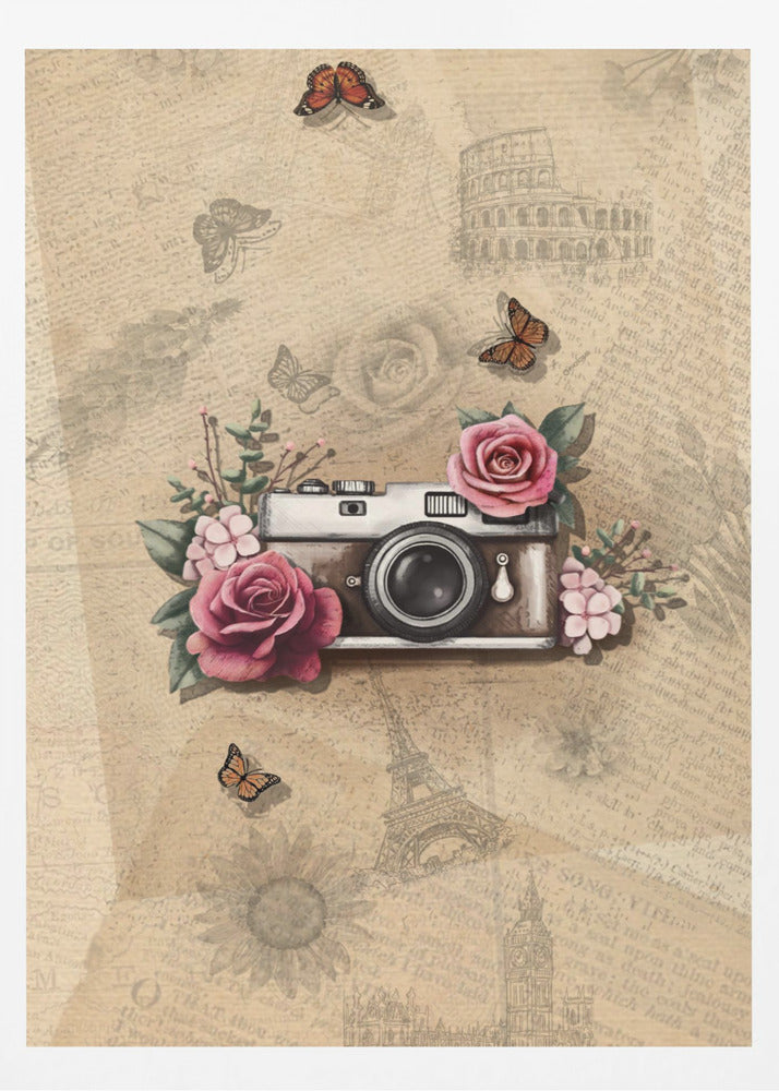 A vintage-style collage art piece in a black frame. The central focus is a retro camera adorned with pink and magenta roses and green leaves. The background is a sepia-toned collage of old newspaper or book pages, with faint illustrations of European landmarks like the Colosseum and the Eiffel Tower, along with butterflies and flowers. Poster