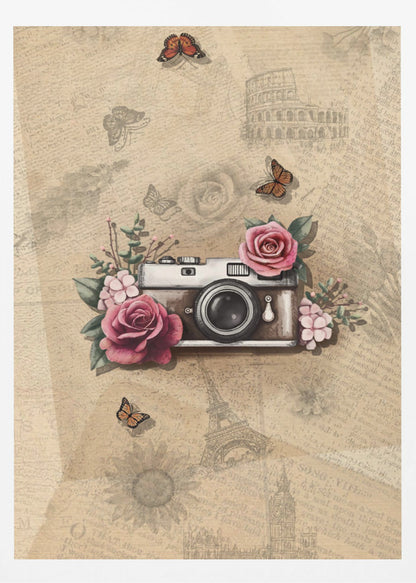 A vintage-style collage art piece in a black frame. The central focus is a retro camera adorned with pink and magenta roses and green leaves. The background is a sepia-toned collage of old newspaper or book pages, with faint illustrations of European landmarks like the Colosseum and the Eiffel Tower, along with butterflies and flowers. Poster
