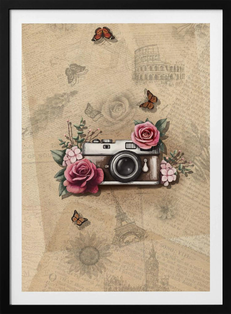 A vintage-style collage art piece in a black frame. The central focus is a retro camera adorned with pink and magenta roses and green leaves. The background is a sepia-toned collage of old newspaper or book pages, with faint illustrations of European landmarks like the Colosseum and the Eiffel Tower, along with butterflies and flowers. Poster