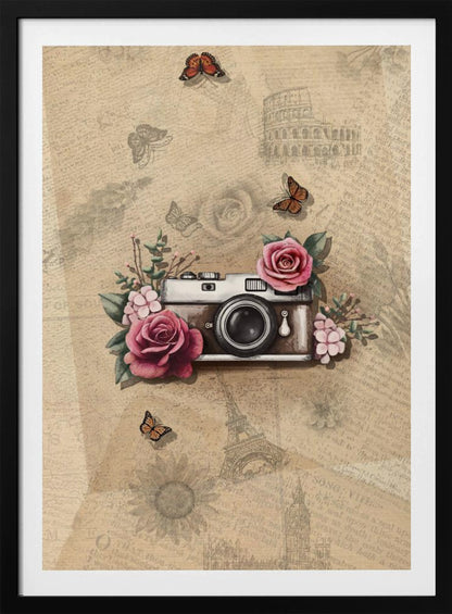 A vintage-style collage art piece in a black frame. The central focus is a retro camera adorned with pink and magenta roses and green leaves. The background is a sepia-toned collage of old newspaper or book pages, with faint illustrations of European landmarks like the Colosseum and the Eiffel Tower, along with butterflies and flowers. Poster