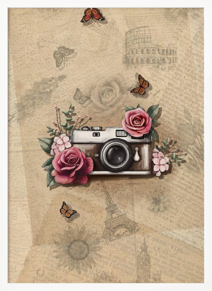 A vintage-style collage art piece in a black frame. The central focus is a retro camera adorned with pink and magenta roses and green leaves. The background is a sepia-toned collage of old newspaper or book pages, with faint illustrations of European landmarks like the Colosseum and the Eiffel Tower, along with butterflies and flowers. Poster