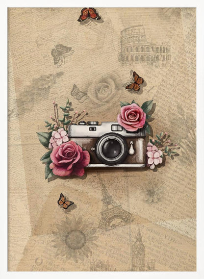 A vintage-style collage art piece in a black frame. The central focus is a retro camera adorned with pink and magenta roses and green leaves. The background is a sepia-toned collage of old newspaper or book pages, with faint illustrations of European landmarks like the Colosseum and the Eiffel Tower, along with butterflies and flowers. Poster