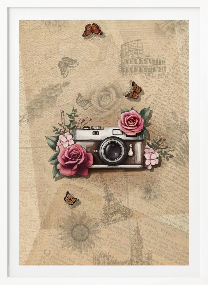 A vintage-style collage art piece in a black frame. The central focus is a retro camera adorned with pink and magenta roses and green leaves. The background is a sepia-toned collage of old newspaper or book pages, with faint illustrations of European landmarks like the Colosseum and the Eiffel Tower, along with butterflies and flowers. Poster