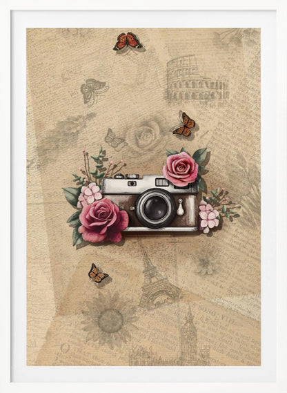 A vintage-style collage art piece in a black frame. The central focus is a retro camera adorned with pink and magenta roses and green leaves. The background is a sepia-toned collage of old newspaper or book pages, with faint illustrations of European landmarks like the Colosseum and the Eiffel Tower, along with butterflies and flowers. Poster