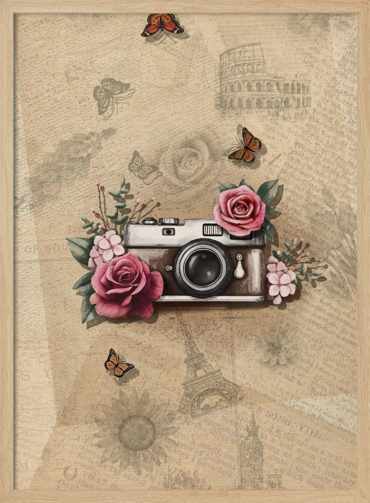 A vintage-style collage art piece in a black frame. The central focus is a retro camera adorned with pink and magenta roses and green leaves. The background is a sepia-toned collage of old newspaper or book pages, with faint illustrations of European landmarks like the Colosseum and the Eiffel Tower, along with butterflies and flowers. Poster