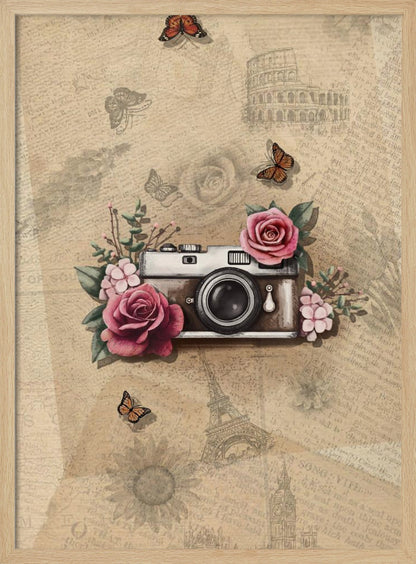 A vintage-style collage art piece in a black frame. The central focus is a retro camera adorned with pink and magenta roses and green leaves. The background is a sepia-toned collage of old newspaper or book pages, with faint illustrations of European landmarks like the Colosseum and the Eiffel Tower, along with butterflies and flowers. Poster
