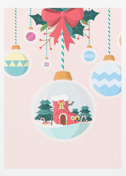 A festive Christmas illustration featuring hanging ornaments against a soft pink background. A large central ornament depicts a charming winter scene with a red, boot-shaped house covered in snow, nestled among pine trees. Other colorful, patterned baubles hang from striped strings, all under a large red bow with holly. Decor