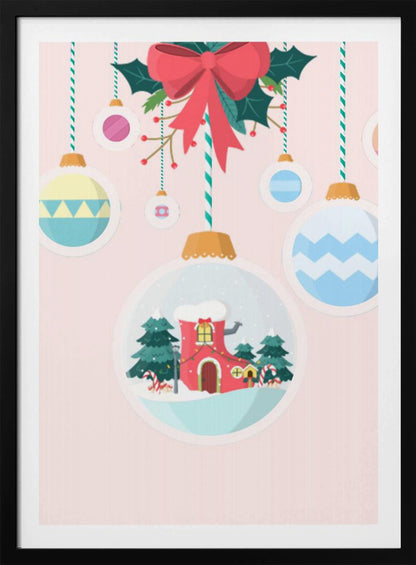 A festive Christmas illustration featuring hanging ornaments against a soft pink background. A large central ornament depicts a charming winter scene with a red, boot-shaped house covered in snow, nestled among pine trees. Other colorful, patterned baubles hang from striped strings, all under a large red bow with holly. Decor