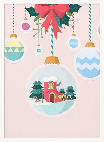 A festive Christmas illustration featuring hanging ornaments against a soft pink background. A large central ornament depicts a charming winter scene with a red, boot-shaped house covered in snow, nestled among pine trees. Other colorful, patterned baubles hang from striped strings, all under a large red bow with holly. Decor