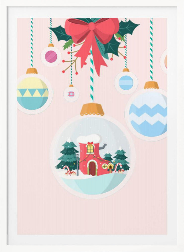 A festive Christmas illustration featuring hanging ornaments against a soft pink background. A large central ornament depicts a charming winter scene with a red, boot-shaped house covered in snow, nestled among pine trees. Other colorful, patterned baubles hang from striped strings, all under a large red bow with holly. Decor