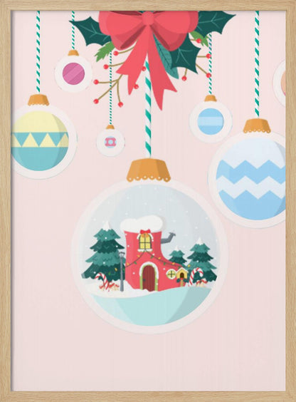 A festive Christmas illustration featuring hanging ornaments against a soft pink background. A large central ornament depicts a charming winter scene with a red, boot-shaped house covered in snow, nestled among pine trees. Other colorful, patterned baubles hang from striped strings, all under a large red bow with holly. Decor