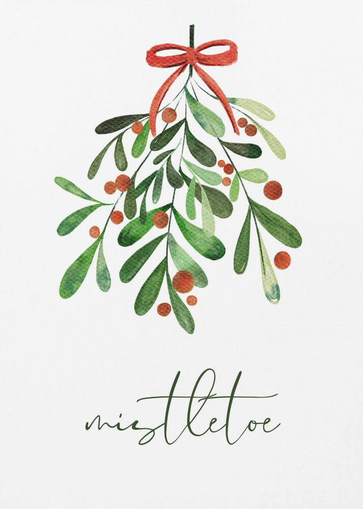 A framed watercolor illustration of a sprig of mistletoe with green leaves and red berries, tied with a red bow. Below the plant, the word 'mistletoe' is written in a cursive script on a clean white background. Artwork
