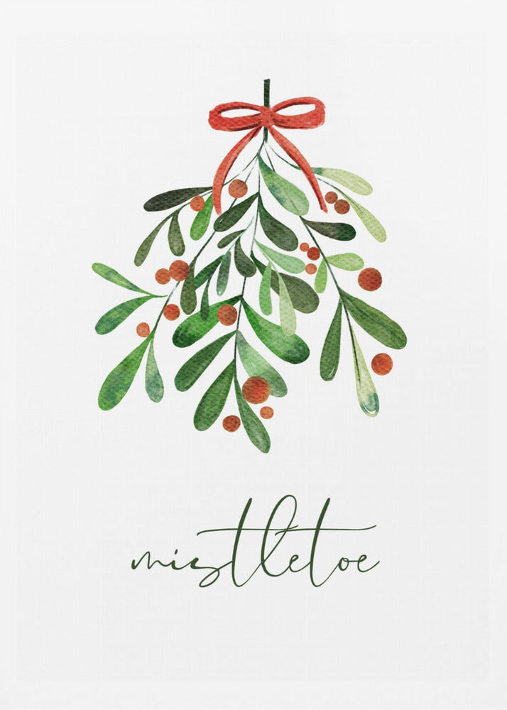 A framed watercolor illustration of a sprig of mistletoe with green leaves and red berries, tied with a red bow. Below the plant, the word 'mistletoe' is written in a cursive script on a clean white background. Artwork
