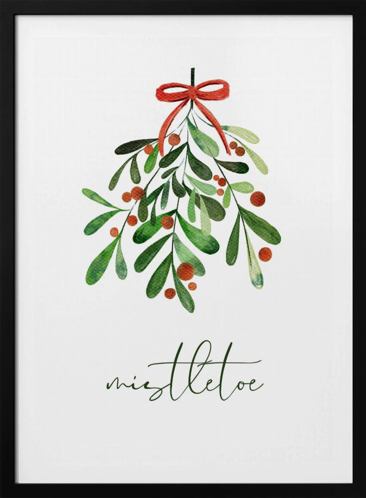 A framed watercolor illustration of a sprig of mistletoe with green leaves and red berries, tied with a red bow. Below the plant, the word 'mistletoe' is written in a cursive script on a clean white background. Artwork