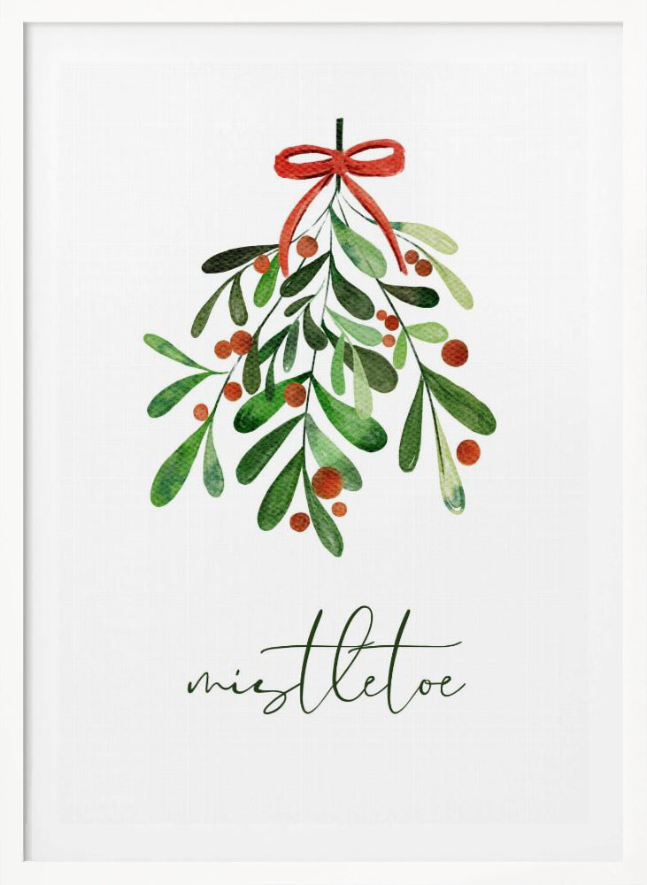 A framed watercolor illustration of a sprig of mistletoe with green leaves and red berries, tied with a red bow. Below the plant, the word 'mistletoe' is written in a cursive script on a clean white background. Artwork