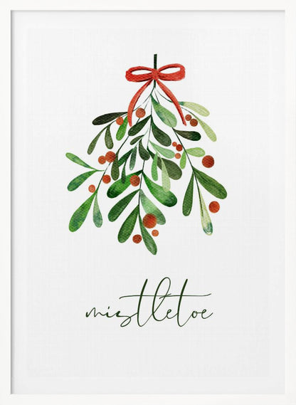 A framed watercolor illustration of a sprig of mistletoe with green leaves and red berries, tied with a red bow. Below the plant, the word 'mistletoe' is written in a cursive script on a clean white background. Artwork