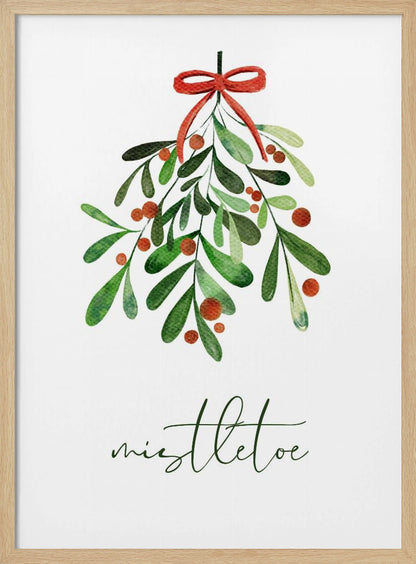 A framed watercolor illustration of a sprig of mistletoe with green leaves and red berries, tied with a red bow. Below the plant, the word 'mistletoe' is written in a cursive script on a clean white background. Artwork