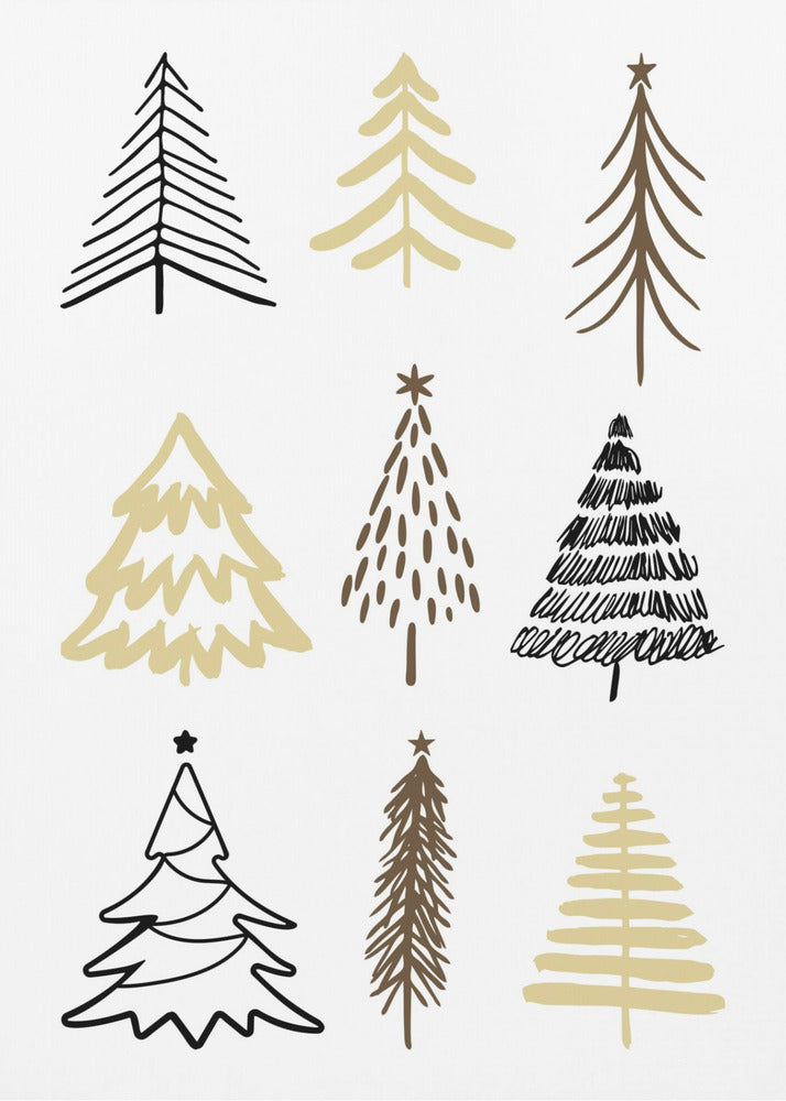 A minimalist art print featuring a grid of nine hand-drawn Christmas trees against a white background. The trees are depicted in various simple, stylized forms using black, gold, and brown colors. The entire piece is shown within a thin black frame. Artwork