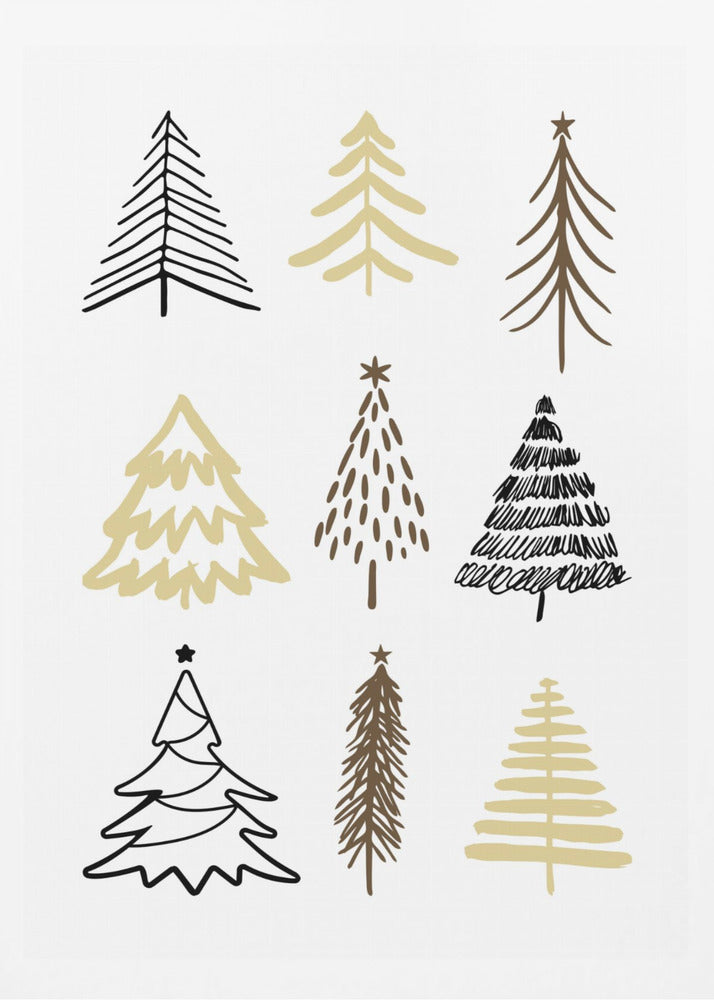 A minimalist art print featuring a grid of nine hand-drawn Christmas trees against a white background. The trees are depicted in various simple, stylized forms using black, gold, and brown colors. The entire piece is shown within a thin black frame. Artwork