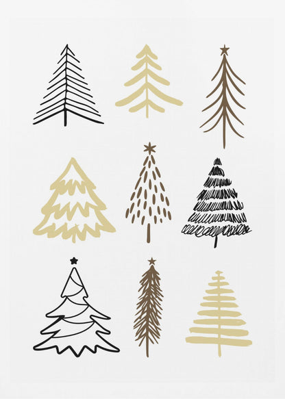 A minimalist art print featuring a grid of nine hand-drawn Christmas trees against a white background. The trees are depicted in various simple, stylized forms using black, gold, and brown colors. The entire piece is shown within a thin black frame. Artwork