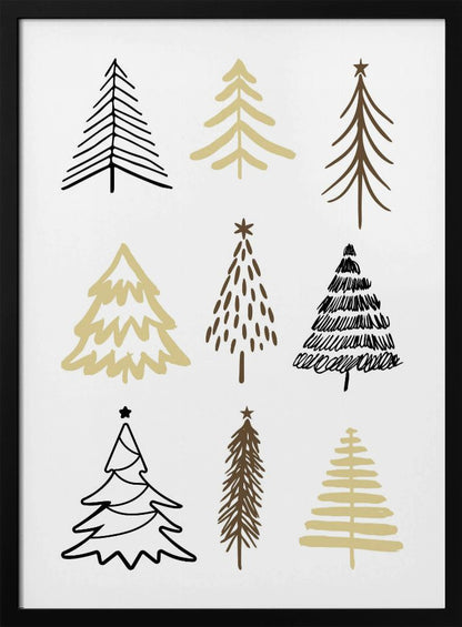 A minimalist art print featuring a grid of nine hand-drawn Christmas trees against a white background. The trees are depicted in various simple, stylized forms using black, gold, and brown colors. The entire piece is shown within a thin black frame. Artwork
