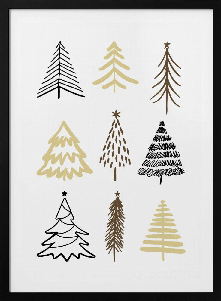 A minimalist art print featuring a grid of nine hand-drawn Christmas trees against a white background. The trees are depicted in various simple, stylized forms using black, gold, and brown colors. The entire piece is shown within a thin black frame. Artwork