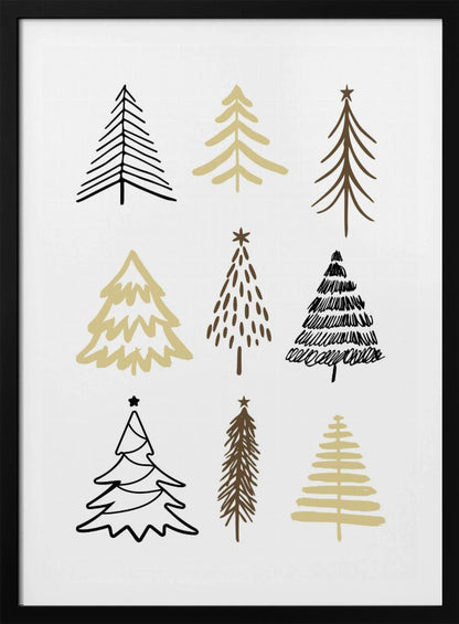 A minimalist art print featuring a grid of nine hand-drawn Christmas trees against a white background. The trees are depicted in various simple, stylized forms using black, gold, and brown colors. The entire piece is shown within a thin black frame. Artwork