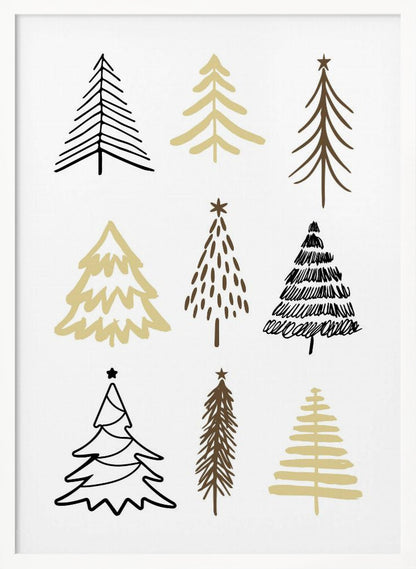 A minimalist art print featuring a grid of nine hand-drawn Christmas trees against a white background. The trees are depicted in various simple, stylized forms using black, gold, and brown colors. The entire piece is shown within a thin black frame. Artwork