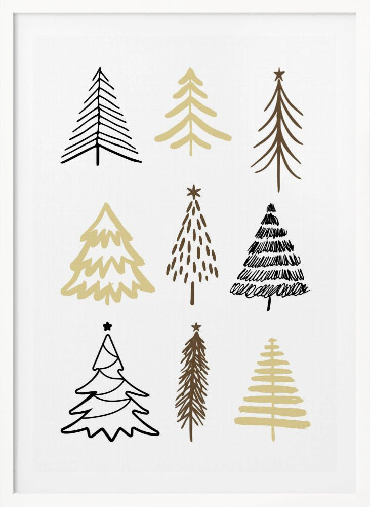 A minimalist art print featuring a grid of nine hand-drawn Christmas trees against a white background. The trees are depicted in various simple, stylized forms using black, gold, and brown colors. The entire piece is shown within a thin black frame. Artwork