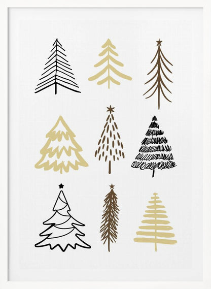 A minimalist art print featuring a grid of nine hand-drawn Christmas trees against a white background. The trees are depicted in various simple, stylized forms using black, gold, and brown colors. The entire piece is shown within a thin black frame. Artwork